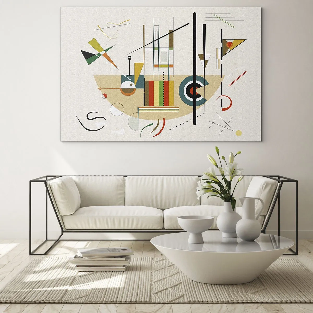 Glastavla - Bild på glas - Färgglad geometrisk abstraktion på en ljus bakgrund - 70x50cm - Så världen skrattar - Modern väggdekoration för vardagsrum och sovrum ARTTOR