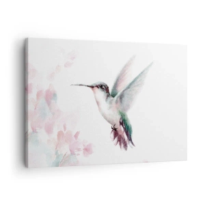 Canvastavla - Bild på duk - En kolibri i fina pastellfärger mot en bakgrund av blommor - 70x50cm - Fångad flaxande - Modern väggdekoration för vardagsrum och sovrum ARTTOR
