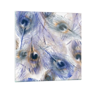 Glastavla - Bild på glas - Komposition med påfågelsfjädrar - 30x30 cm