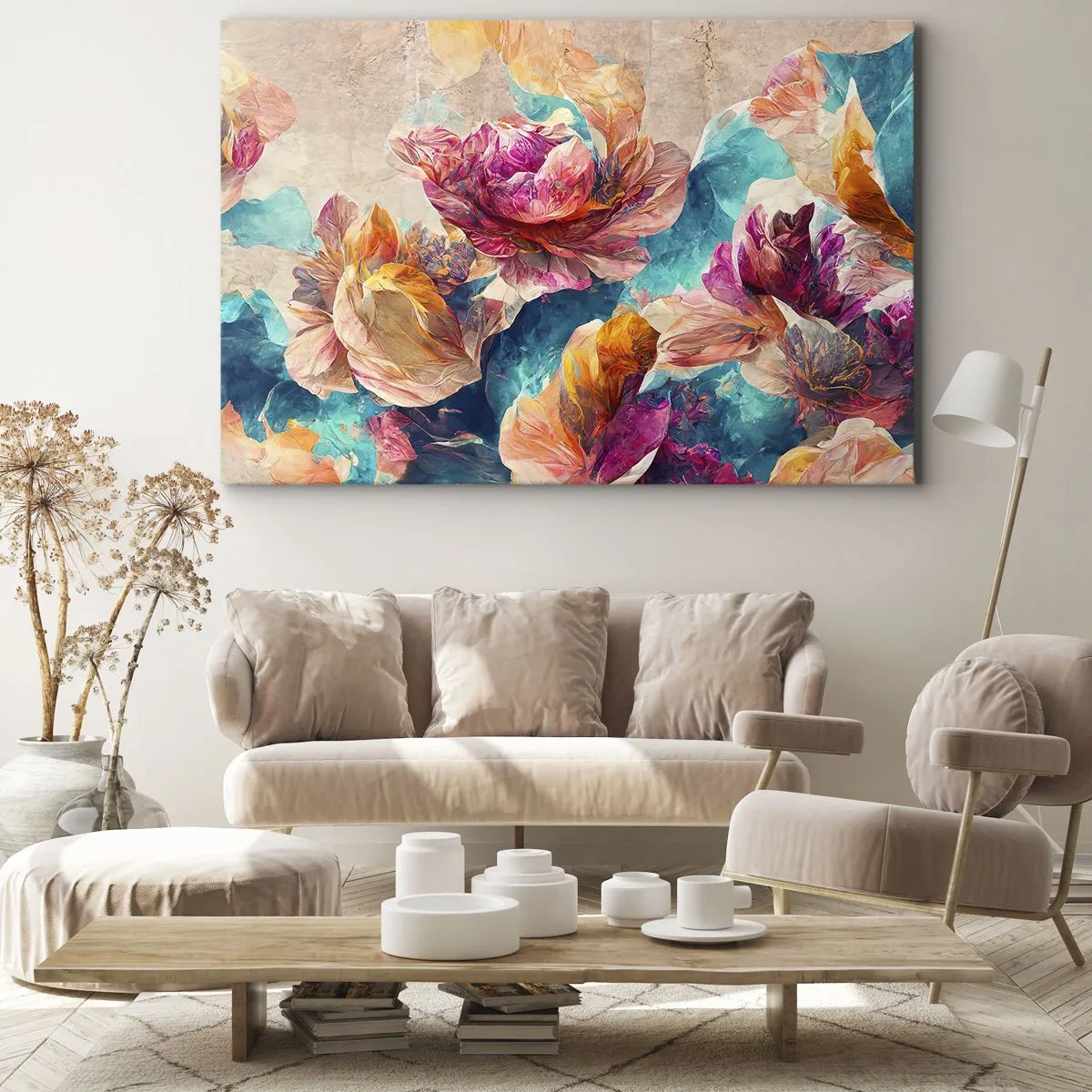 Canvastavla - Bild på duk - Färgglada blommor på en beige bakgrund - 70x50cm - Den färgsprakande prakten hos en bukett - Modern väggdekoration för vardagsrum och sovrum ARTTOR