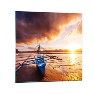 Glastavla - Bild på glas - Lägga sig på sanden efter hela dan - 50x50 cm