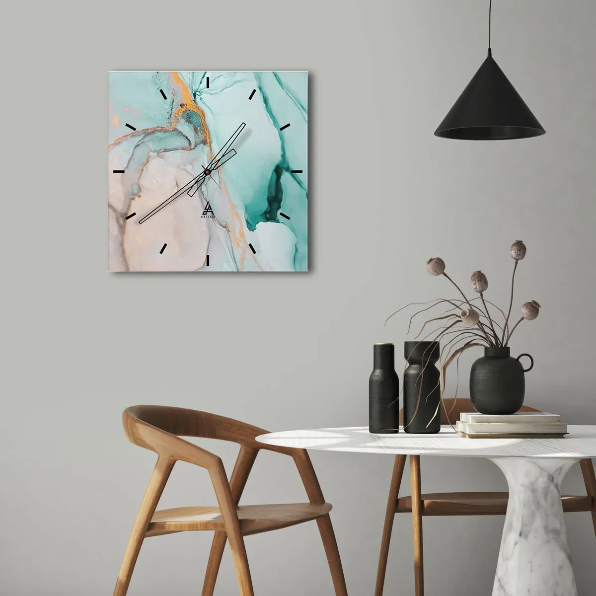 Väggklocka - Klocka på glas - Formernas och färgernas dans - 30x30 cm