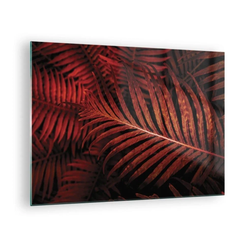 Glastavla - Bild på glas - Röda blad av en tropisk växt på en mörk bakgrund - 70x50cm - Livets glöd - Modern väggdekoration för vardagsrum och sovrum ARTTOR
