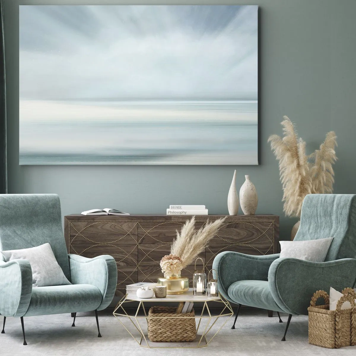 Canvastavla - Bild på duk - Ett minimalistiskt landskap i delikata blå nyanser - 70x50cm - Fred hela vägen till horisonten - Modern väggdekoration för vardagsrum och sovrum ARTTOR