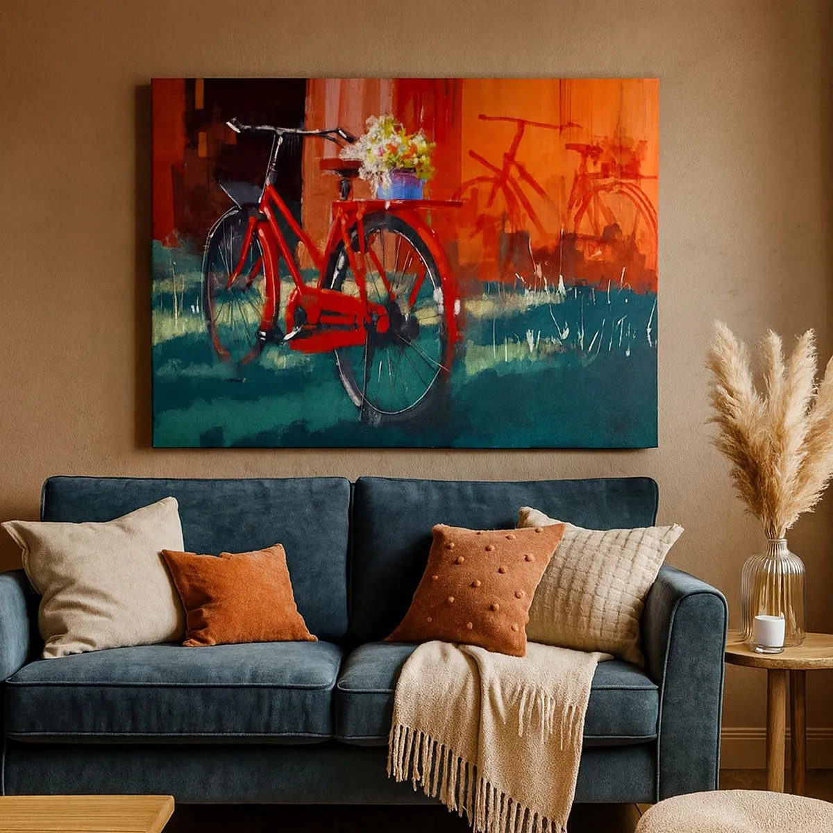 Canvastavla - Bild på duk - En röd cykel med blommor mot en orange vägg - 70x50cm - I want to ride my bicycle - Modern väggdekoration för vardagsrum och sovrum ARTTOR