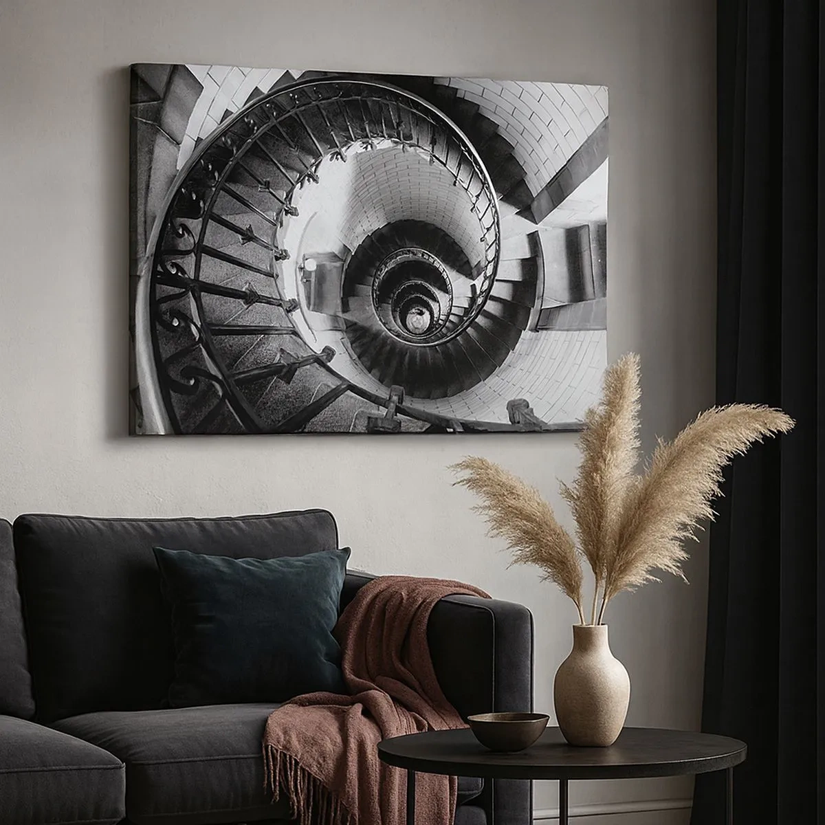 Canvastavla - Bild på duk - Svartvitt fotografi av en spiraltrappa med ett toppperspektiv - 70x50cm - Högre och högre - Modern väggdekoration för vardagsrum och sovrum ARTTOR