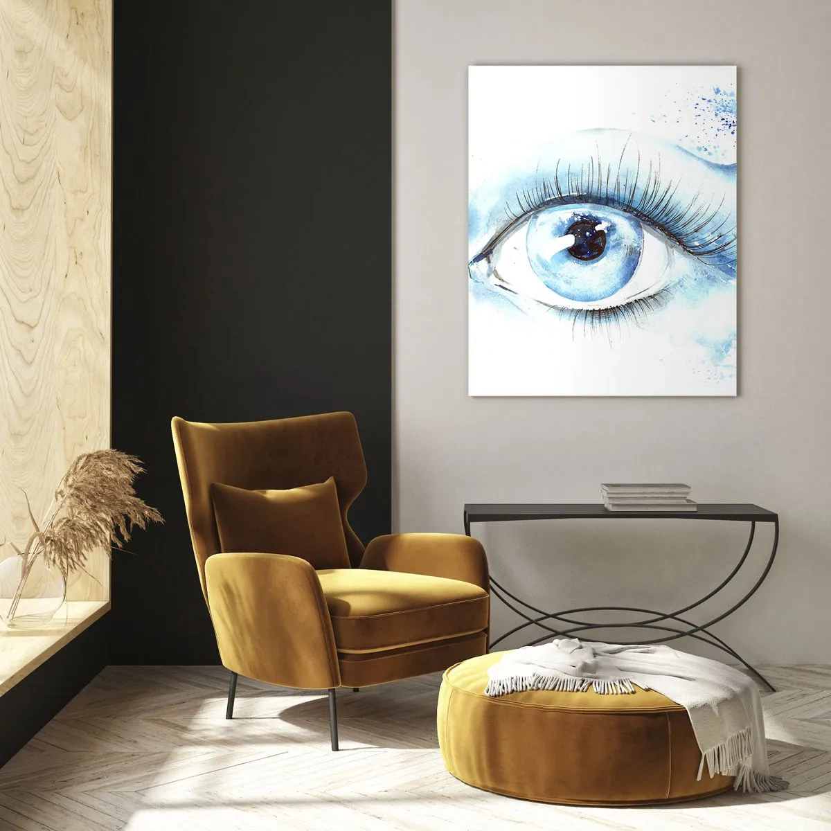 Glastavla - Bild på glas - Doppa sig i den blåa blicken - 50x70 cm