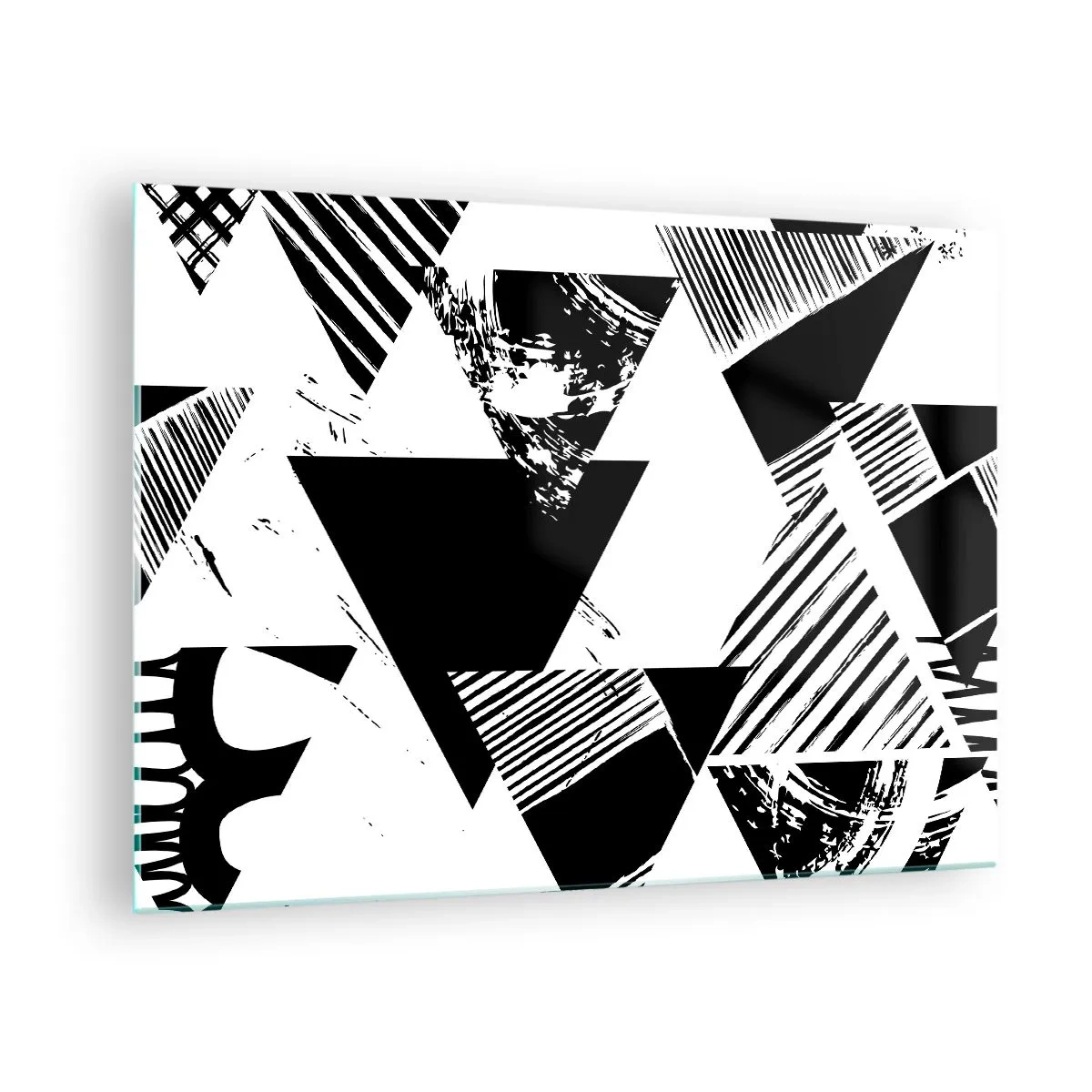 Glastavla - Bild på glas - Svartvita geometriska mönster med triangelmotiv - 70x50cm - Det regnar trianglar - Modern väggdekoration för vardagsrum och sovrum ARTTOR