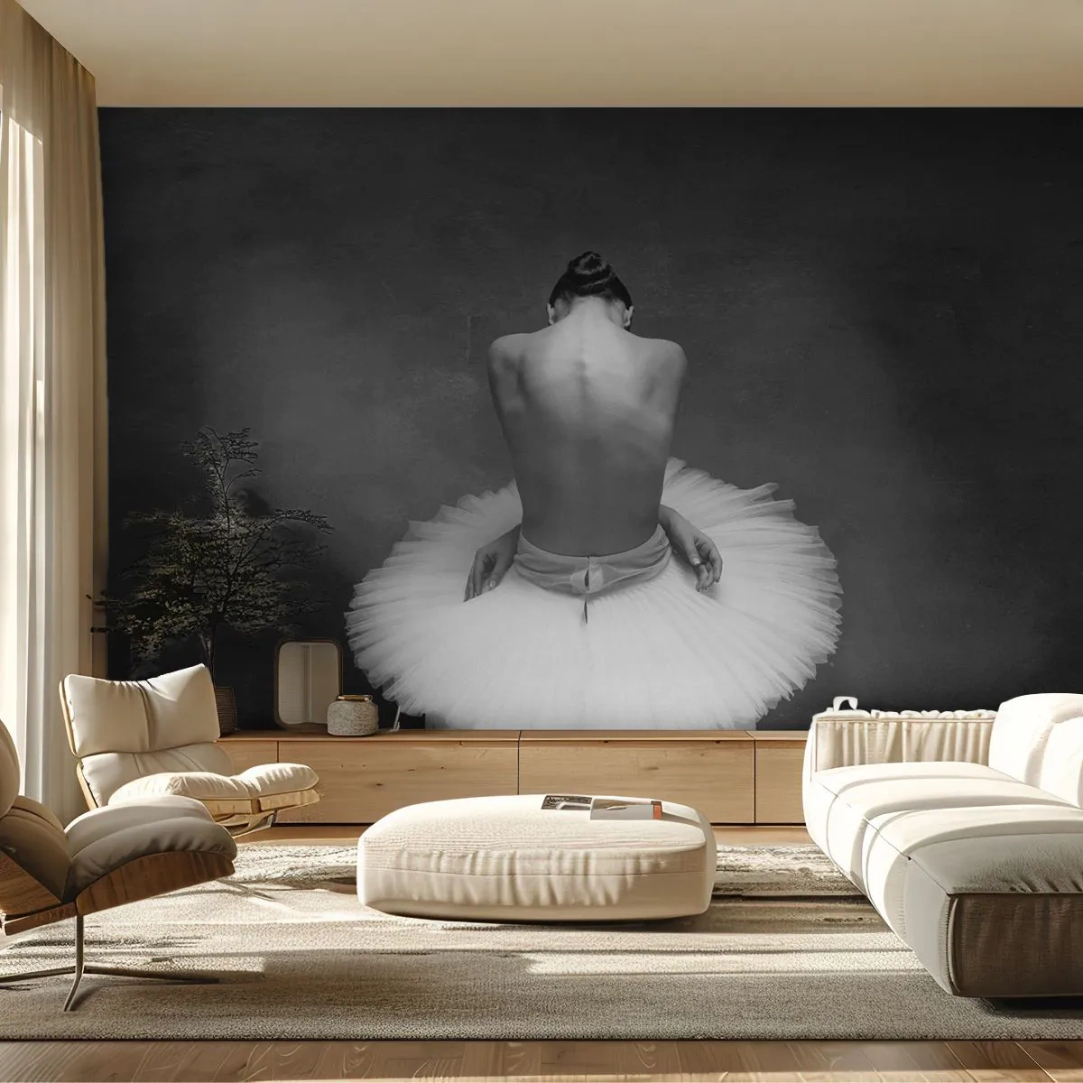 Fototapet Standard Eco - Svartvitt fotografi av en ballerina i en klassisk pose - 100x70cm - Hon blommar ut - Modern väggdekoration för vardagsrum och sovrum ARTTOR