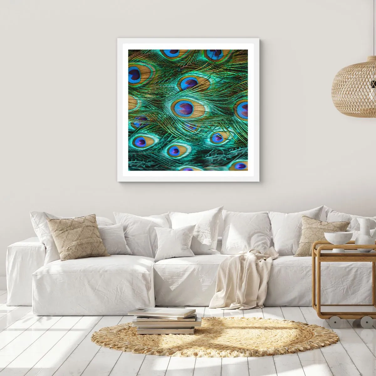 Affisch i vit ram - Påfågels blick - 50x50 cm