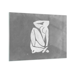 Glastavla - Bild på glas - En minimalistisk silhuett av en kvinna mot en grå bakgrund - 70x50cm - I drömmarnas värld - Modern väggdekoration för vardagsrum och sovrum ARTTOR