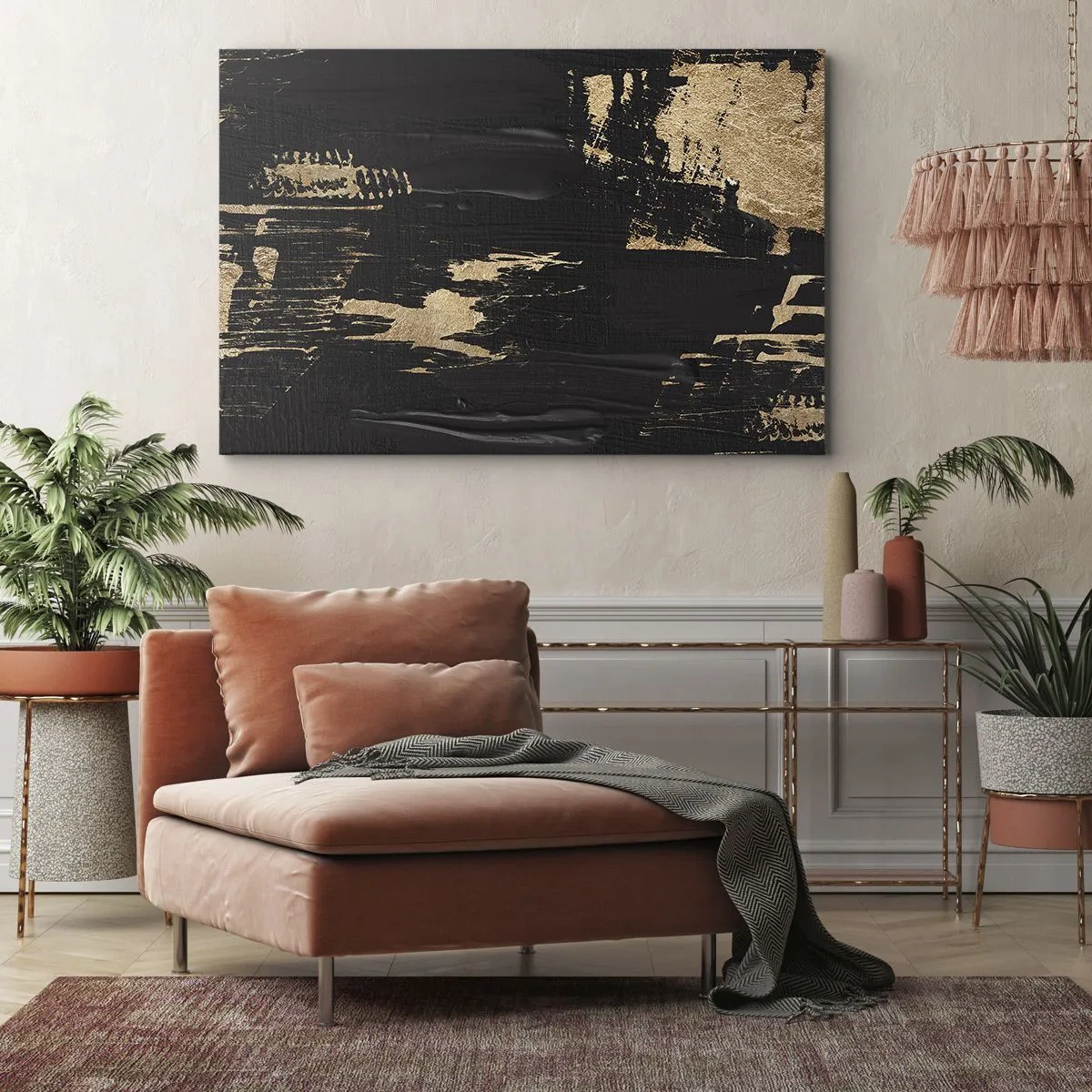Canvastavla - Bild på duk - Abstrakt komposition i nyanser av svart och guld - 70x50cm - Ett spår av beröring - Modern väggdekoration för vardagsrum och sovrum ARTTOR