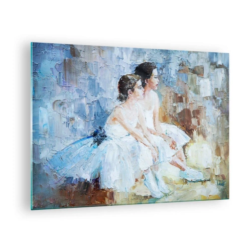 Glastavla - Bild på glas - Två ballerinor i vita klänningar mot en impressionistisk bakgrund - 70x50cm - Unga svanars vilopaus - Modern väggdekoration för vardagsrum och sovrum ARTTOR