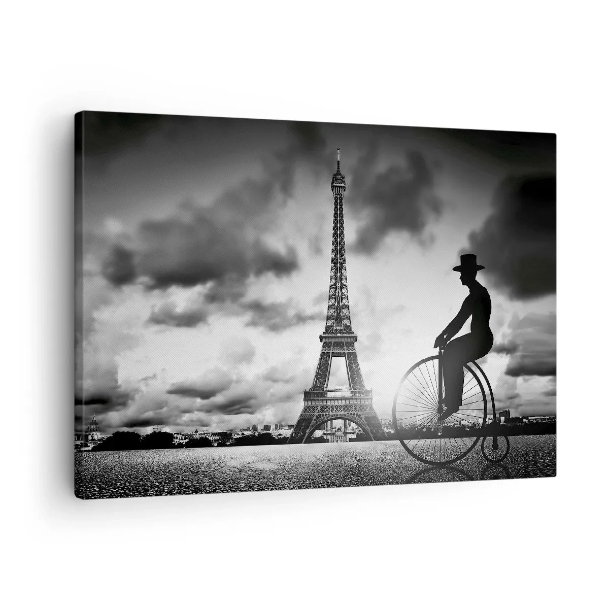 Canvastavla - Bild på duk - Svartvit bild av en retrocykel med Eiffeltornet i bakgrunden - 70x50cm - Längtan efter Belle Epoque - Modern väggdekoration för vardagsrum och sovrum ARTTOR