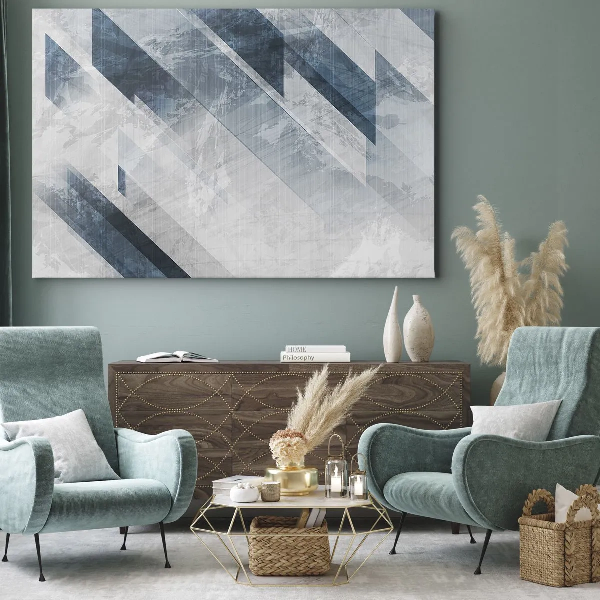 Canvastavla - Bild på duk - Abstrakta linjer i nyanser av grått och blått - 70x50cm - Tredimensionell komposition – gråhetens rörelse - Modern väggdekoration för vardagsrum och sovrum ARTTOR