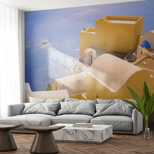 Fototapet Premium Canvas - Grekiskt landskap i vit och blå - Landskap, Santorini, Grekland - 100x70 cm
