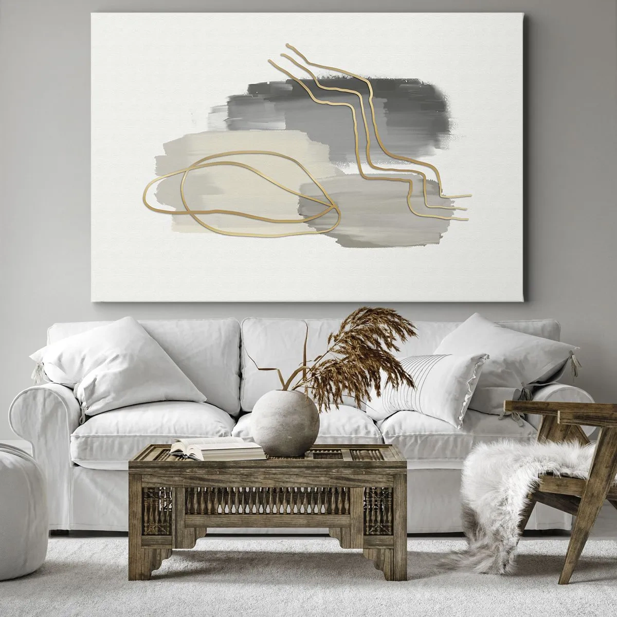 Canvastavla - Bild på duk - Abstrakta gyllene linjer på en grå bakgrund - 70x50cm - Varaktighet och rörelse - Modern väggdekoration för vardagsrum och sovrum ARTTOR