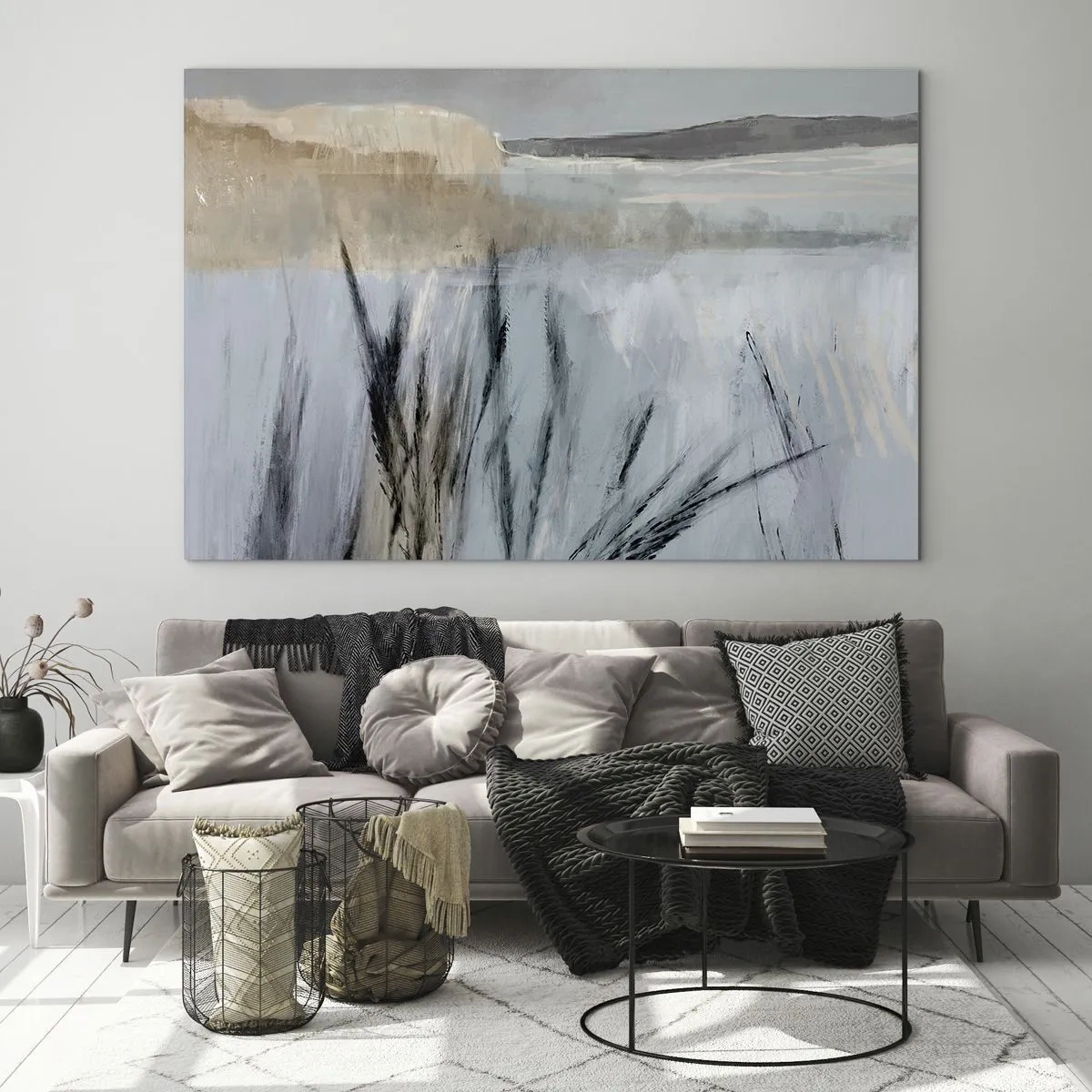 Glastavla - Bild på glas - Vinterlandskap med gräs mot bakgrund av snötäckta fält - 70x50cm - Vinterfält - Modern väggdekoration för vardagsrum och sovrum ARTTOR