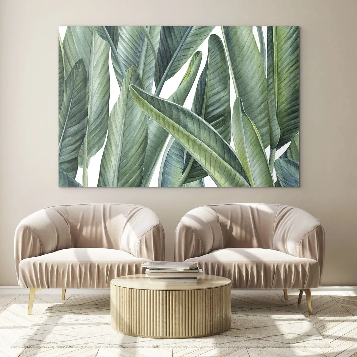 Glastavla - Bild på glas - Tropiska löv i nyanser av grönt - 70x50cm - Grönskan i sig själv - Modern väggdekoration för vardagsrum och sovrum ARTTOR