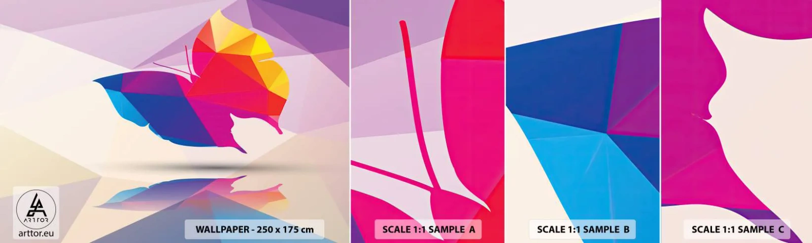 Provbit av självhäftande fototapet Deluxe Sticker - Fjärilregnbåge - Insekter, Fjäril, Geometrisk figur - 100x30 cm