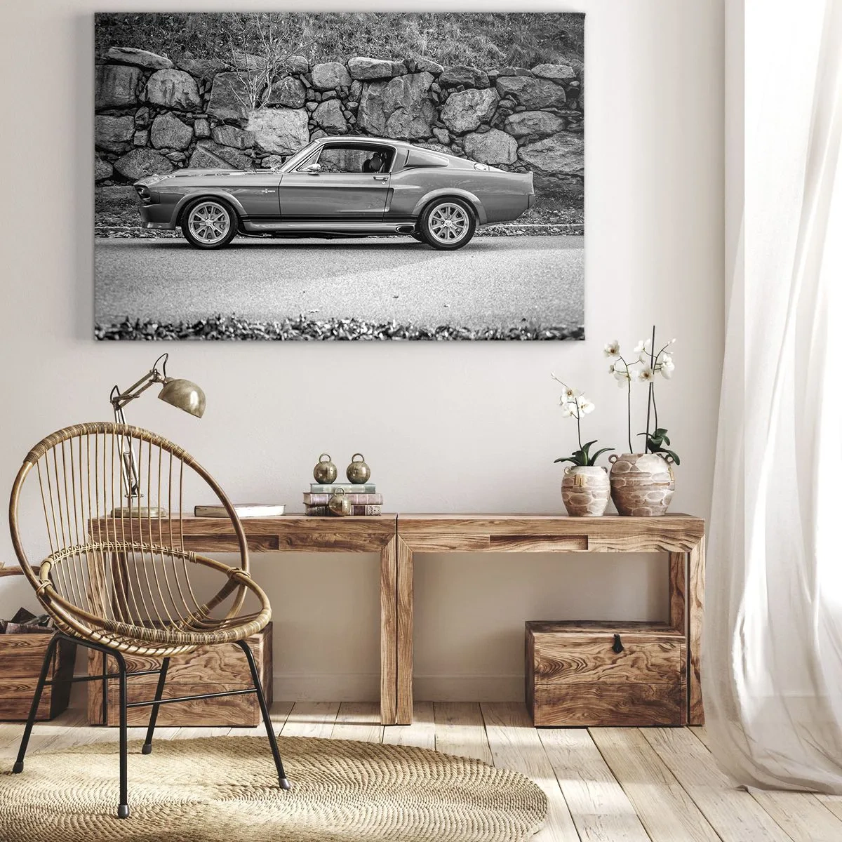 Canvastavla - Bild på duk - Svartvitt foto av en klassisk bil - 70x50cm - Legend från 60-talet - Modern väggdekoration för vardagsrum och sovrum ARTTOR