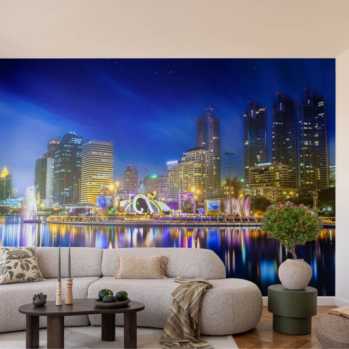 Fototapet Premium Canvas - Metropolens regnbågsnatt - Stad, Bangkok, Arkitektur - 300x210 cm
