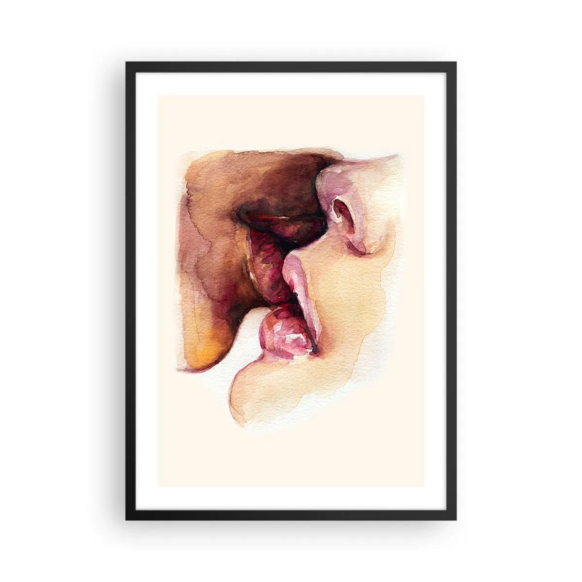 Affisch i svart ram - Akvarell läppar i en intim kyss mot en ljus bakgrund - 50x70cm - Som dag och natt, jord och himmel - Modern väggdekoration för vardagsrum och sovrum ARTTOR