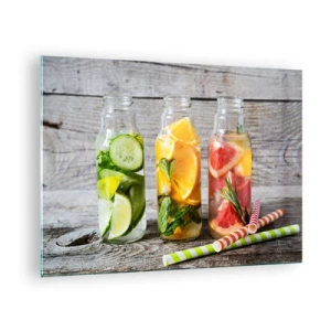 Glastavla - Bild på glas - Flaskor med fruktvatten och örter på en träbakgrund - 70x50cm - Hälsa ur naturen - Modern väggdekoration för vardagsrum och sovrum ARTTOR