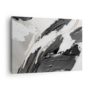 Canvastavla - Bild på duk - Svartvita penseldrag med en subtil guldfärgad accent - 70x50cm - Storslagen abstraktion - Modern väggdekoration för vardagsrum och sovrum ARTTOR
