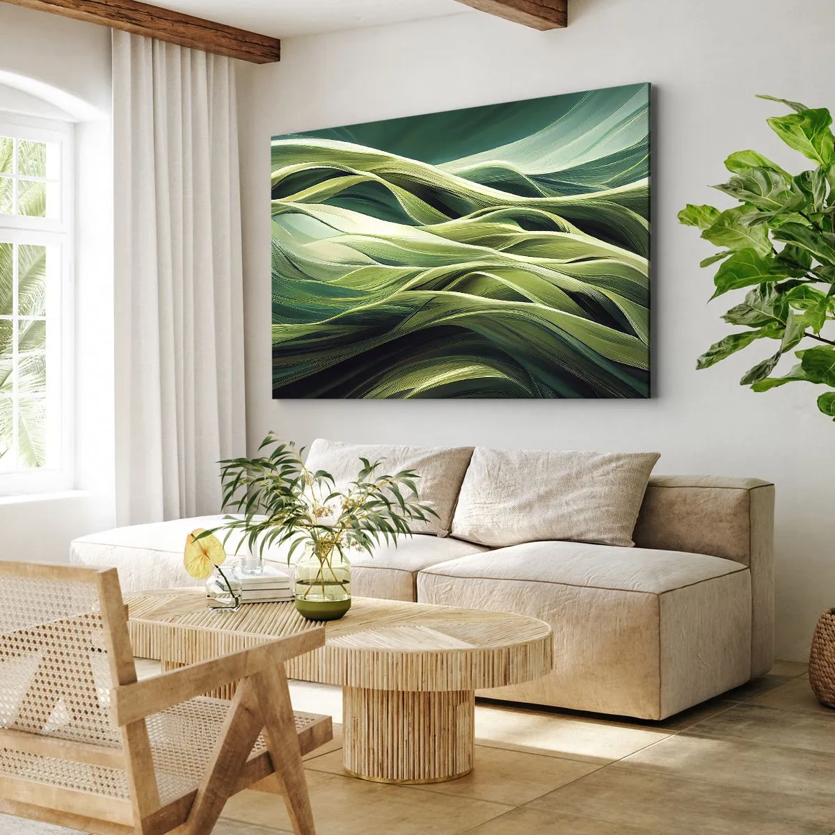 Canvastavla - Bild på duk - Dynamiska linjer i gröna nyanser - 70x50cm - Ett abstrakt spel med grönt - Modern väggdekoration för vardagsrum och sovrum ARTTOR