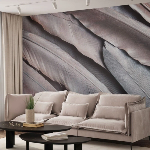 Fototapet Premium Sand - I rosa silver - Fågelfjäder, Grafik, Boho - 100x70 cm