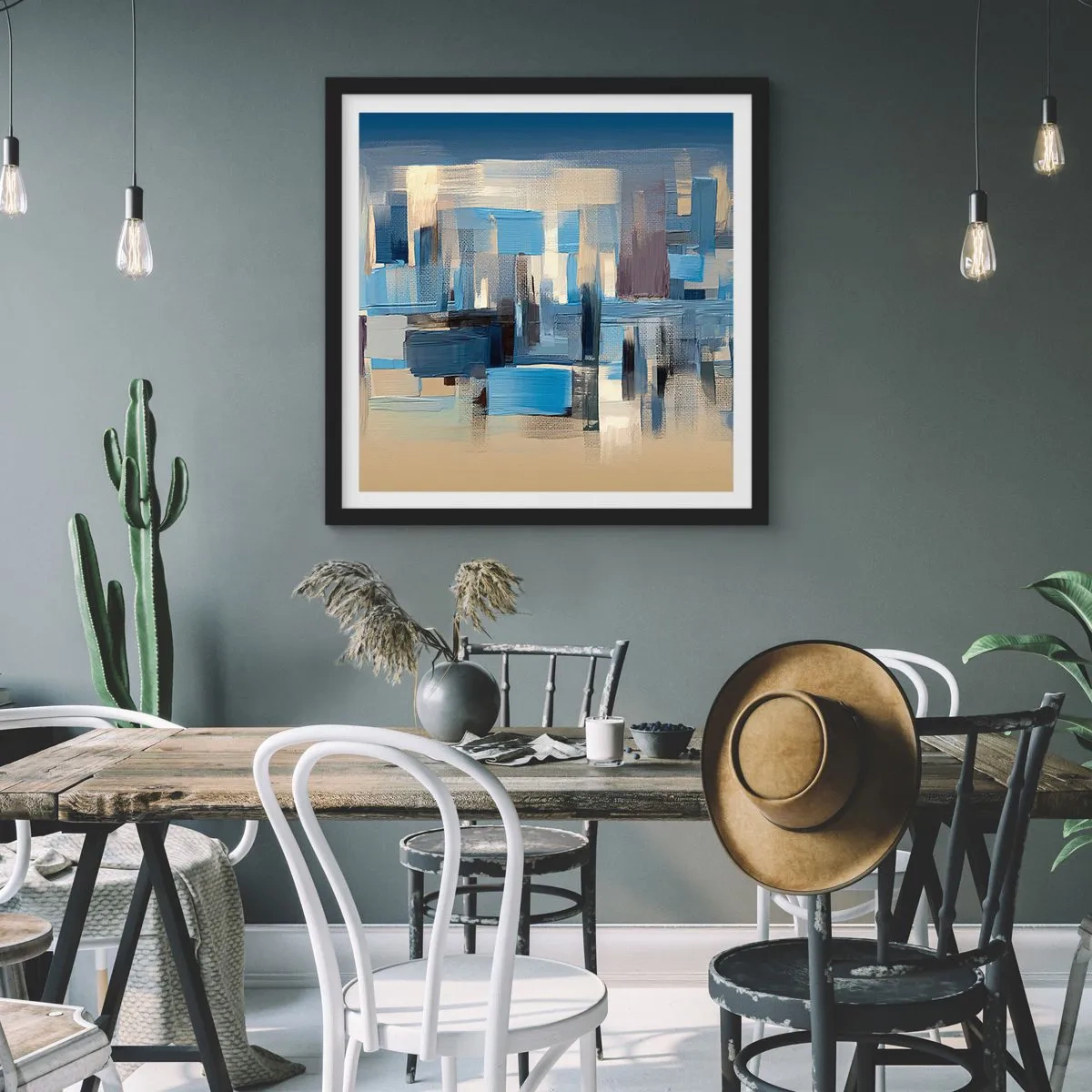 Affisch i svart ram - Blå konstruktion - 40x40 cm