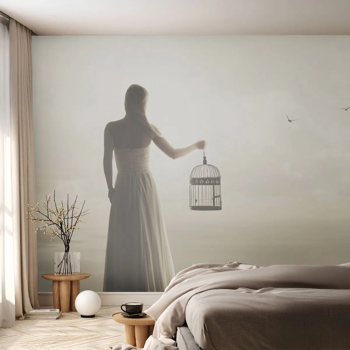 Fototapet Premium Sand - Var fri - Kvinna, Fågelbur, Fågel - 450x315 cm