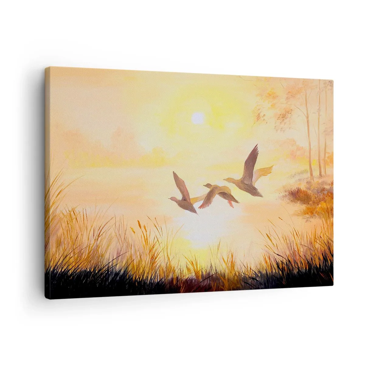 Canvastavla - Bild på duk - Änder som flyger vid soluppgången över sjön - 70x50cm - Början av en lång resa - Modern väggdekoration för vardagsrum och sovrum ARTTOR