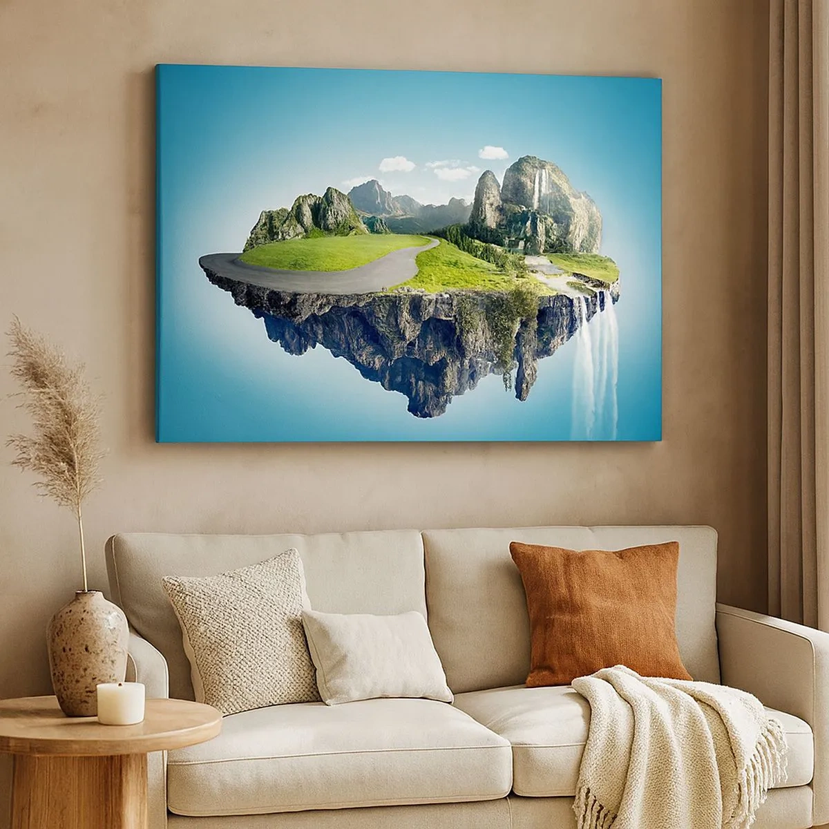Canvastavla - Bild på duk - En flytande ö med berg och vattenfall - 70x50cm - Fantastisk ö - Modern väggdekoration för vardagsrum och sovrum ARTTOR