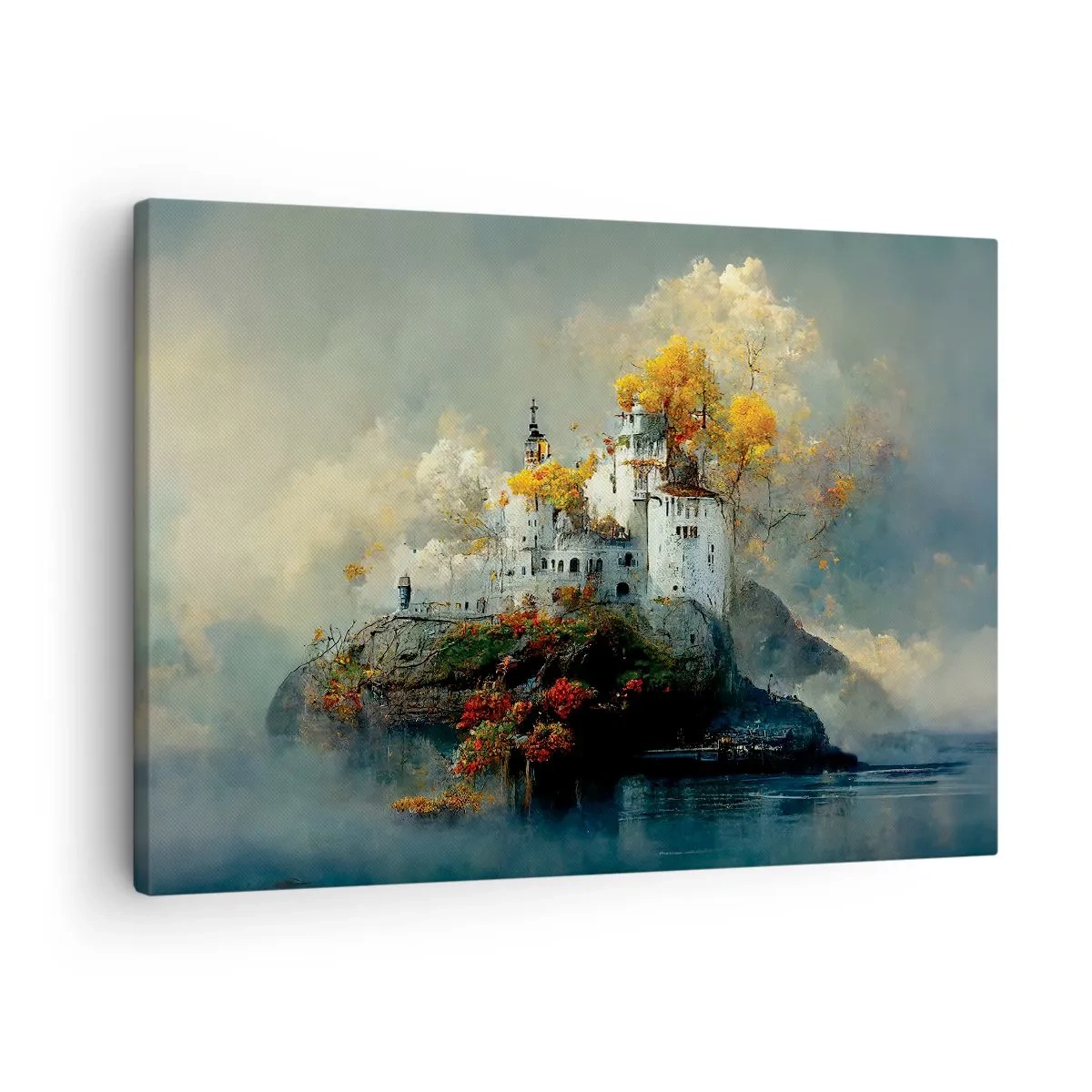 Canvastavla - Bild på duk - Ett slott på en kulle omgivet av höstträd - 70x50cm - Början på en romantisk historia - Modern väggdekoration för vardagsrum och sovrum ARTTOR