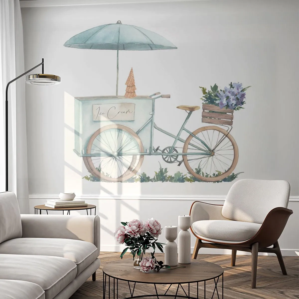 Självhäftande Fototapet Deluxe Sticker - Sött minne av sommaren - Pastell, Glass, Cykel - 100x70 cm