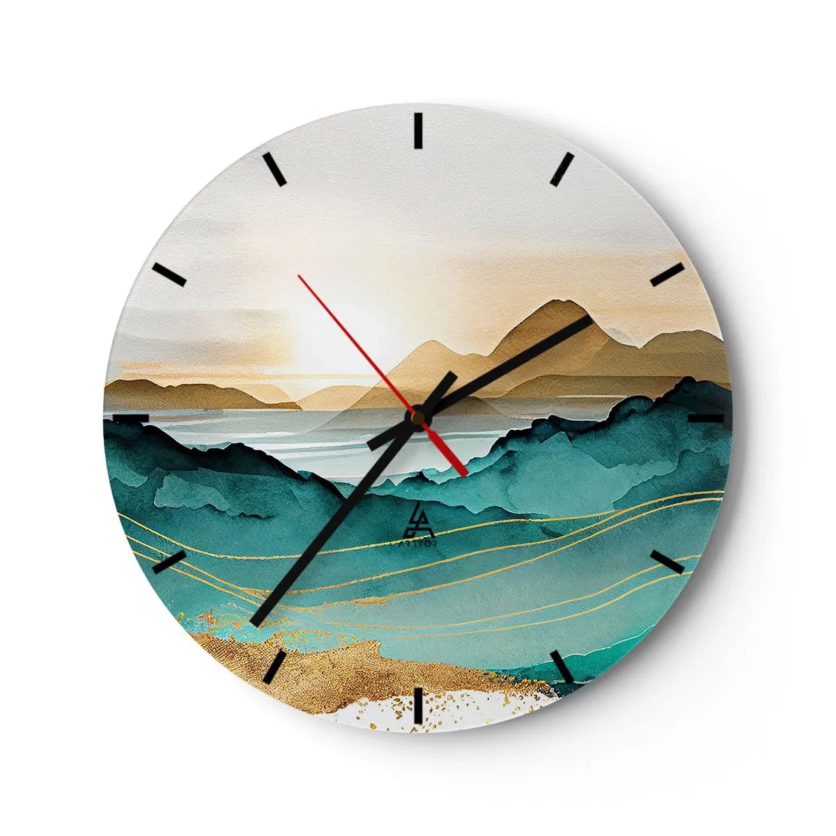 Väggklocka - Klocka på glas - Solnedgång över ett abstrakt bergslandskap - 30x30cm - På gränsen till abstraktion - landskap - Modern väggdekoration för vardagsrum, kök och sovrum ARTTOR