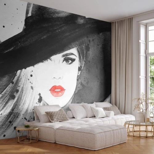 Självhäftande Fototapet Deluxe Sticker - En dam i svart - Kvinna, Kvinnans ansikte, Porträtt av en kvinna - 350x256 cm
