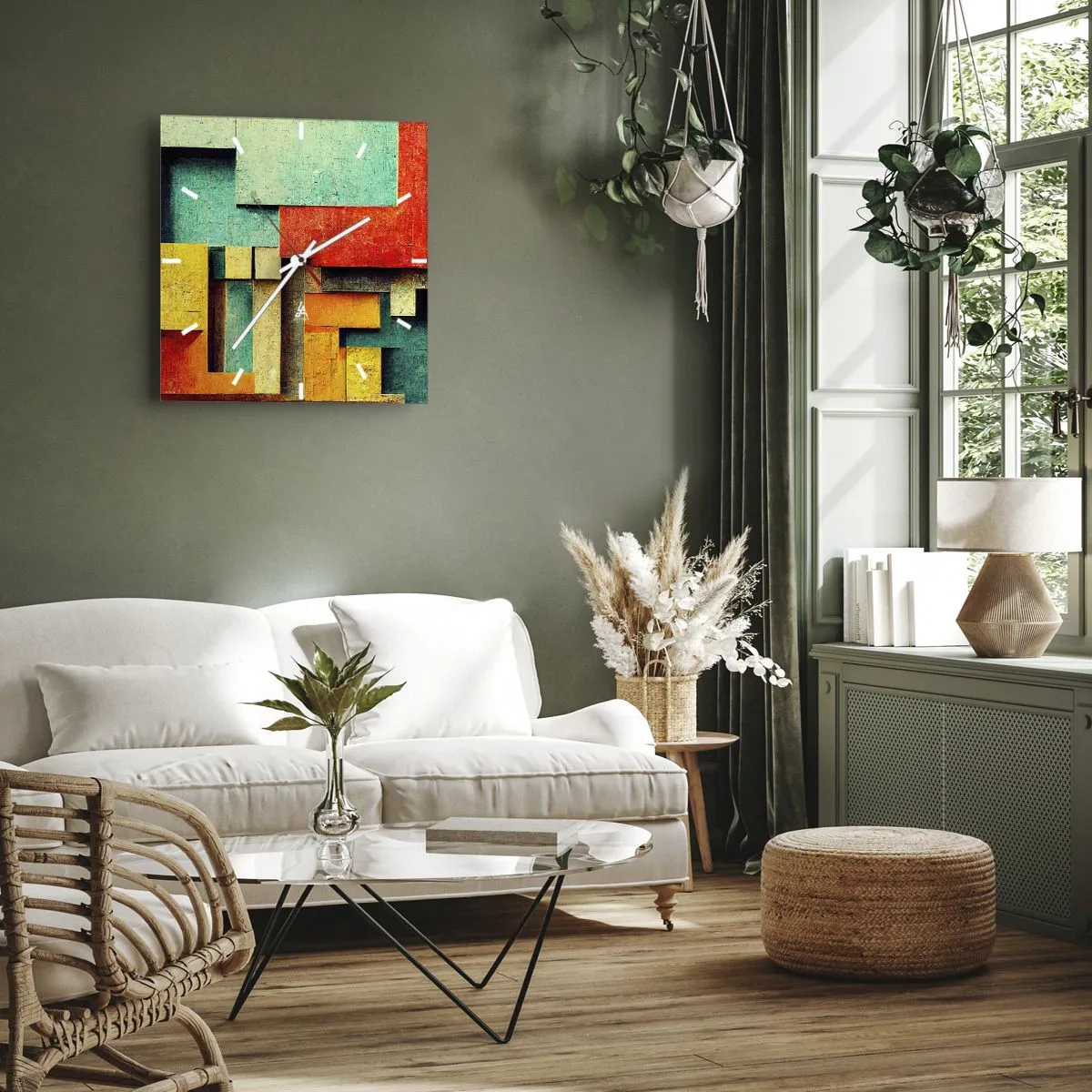 Väggklocka - Klocka på glas - Festival av räta vinklar - 40x40 cm