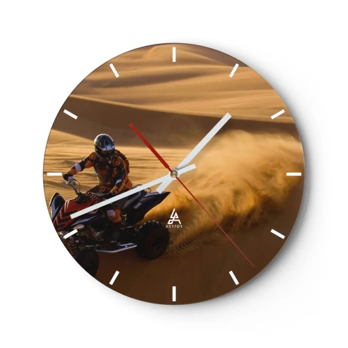 Väggklocka - Klocka på glas - Fyrhjuling i öknen i aktion - 30x30cm - På sandens vågor - Modern väggdekoration för vardagsrum, kök och sovrum ARTTOR