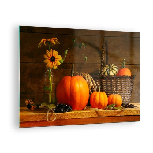 Glastavla - Bild på glas - Höststilleben med pumpor och blommor - 70x50cm - Rustik komposition - höstens gåvor - Modern väggdekoration för vardagsrum och sovrum ARTTOR