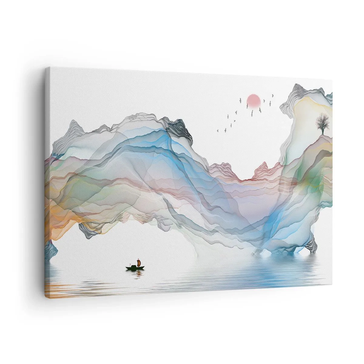 Canvastavla - Bild på duk - Ett subtilt landskap med berg, vatten och en båt - 70x50cm - Mot kristallfjäll - Modern väggdekoration för vardagsrum och sovrum ARTTOR