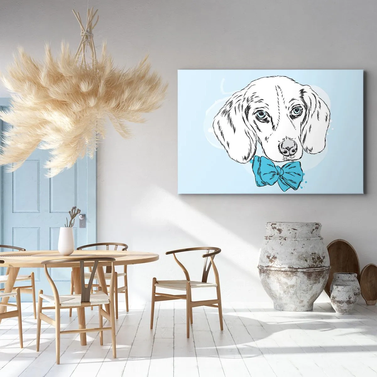 Canvastavla - Bild på duk - Bedårande bild av en hund med fluga mot en pastellbakgrund - 70x50cm - Hundelegans - Modern väggdekoration för vardagsrum och sovrum ARTTOR