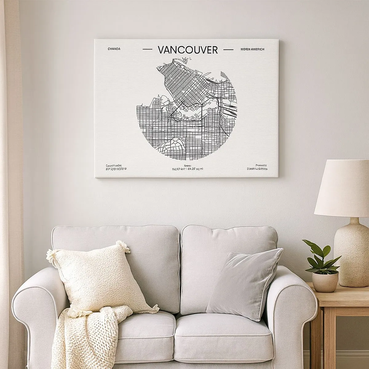 Canvastavla - Bild på duk - En karta över Vancouver i minimalistisk svartvit stil - 70x50cm - Vacouvers anatomi - Modern väggdekoration för vardagsrum och sovrum ARTTOR