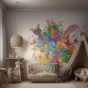 Självhäftande Fototapet Deluxe Sticker - Glädjebukett - Fjäril, Blomma, Grafik - 150x105 cm