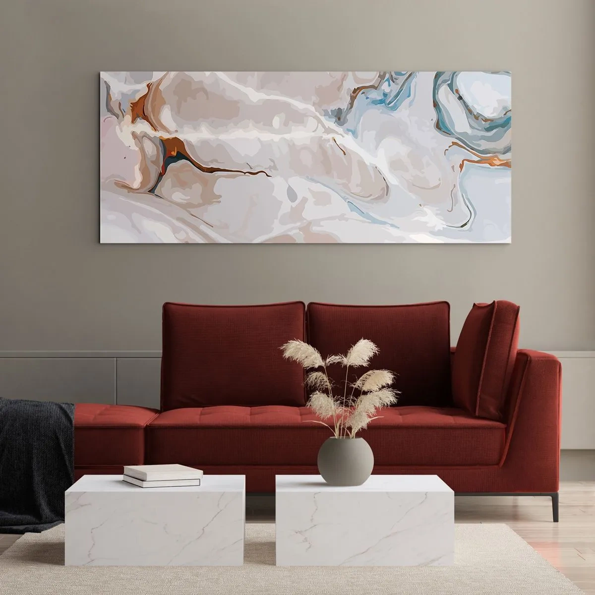 Glastavla - Bild på glas - Blåa meanderlopp under vithet - 100x40 cm