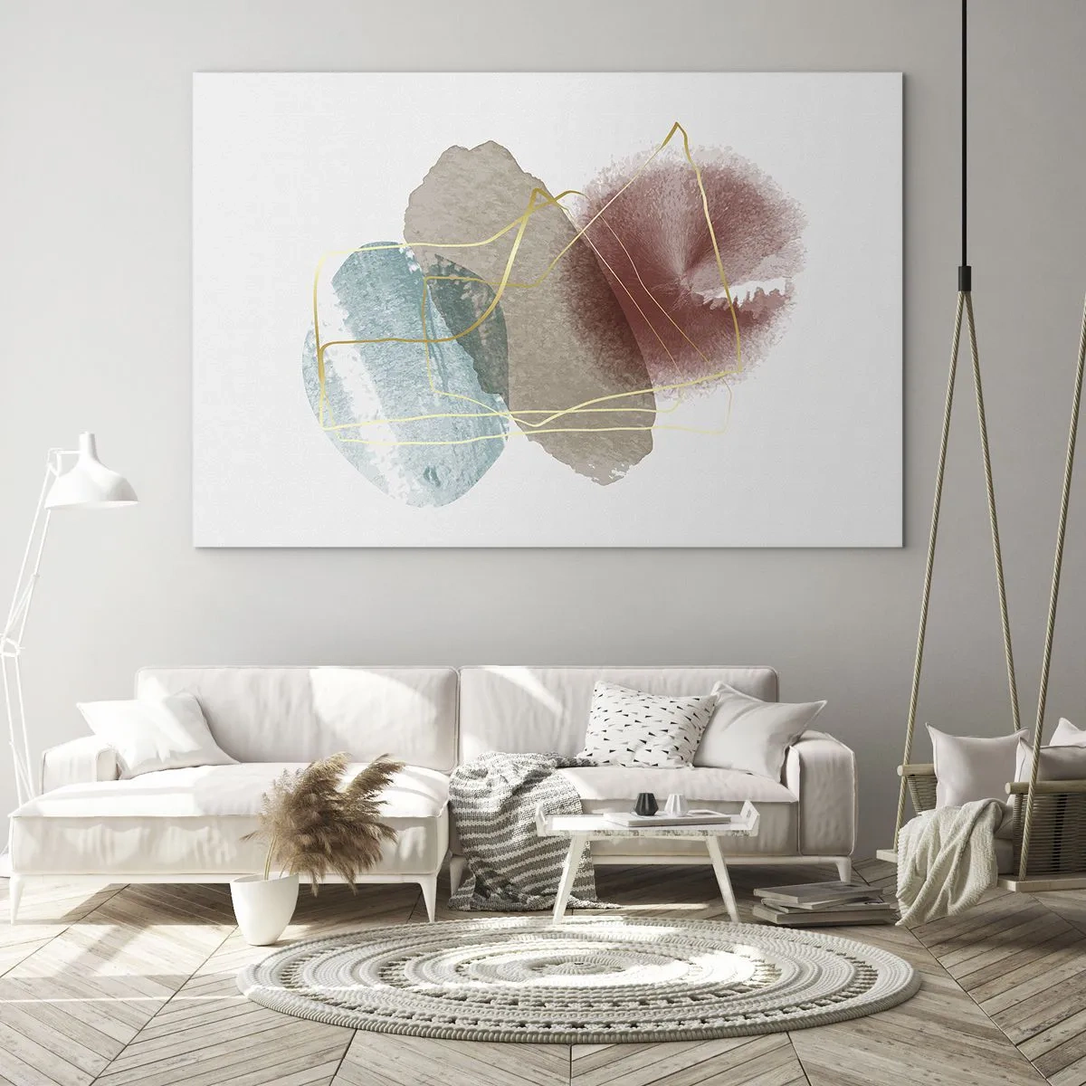 Glastavla - Bild på glas - Abstrakta akvarellstänk och gyllene linjer - 70x50cm - Rummets pärlor - Modern väggdekoration för vardagsrum och sovrum ARTTOR
