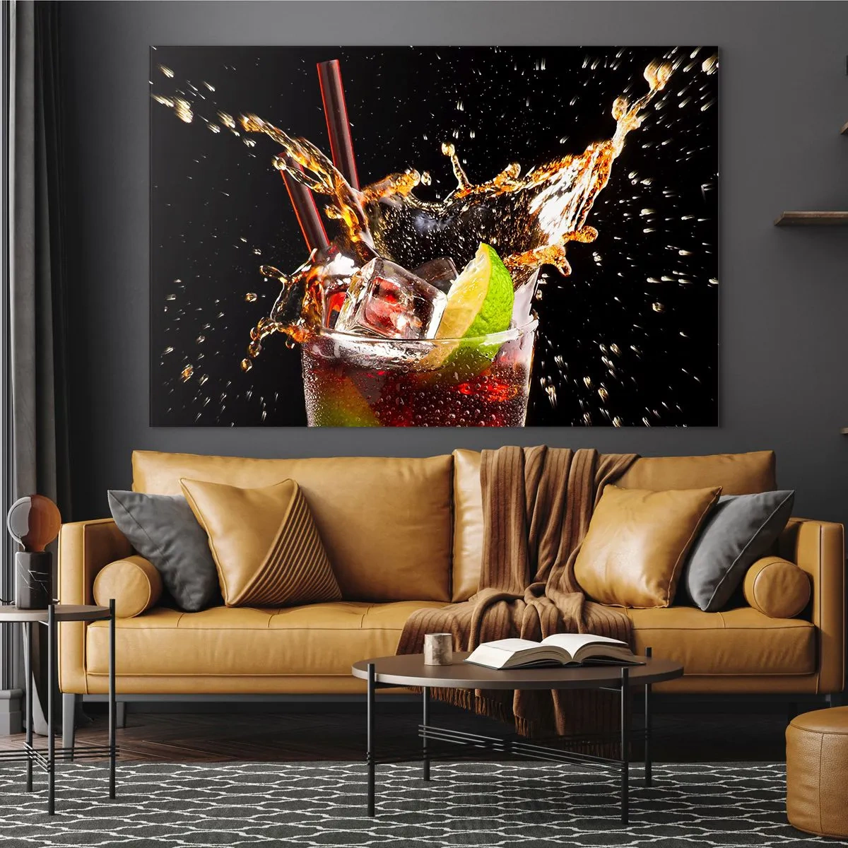 Glastavla - Bild på glas - Ett glas dryck med lime och stänk på en svart bakgrund - 70x50cm - Färgernas glädje och energi - Modern väggdekoration för vardagsrum och sovrum ARTTOR