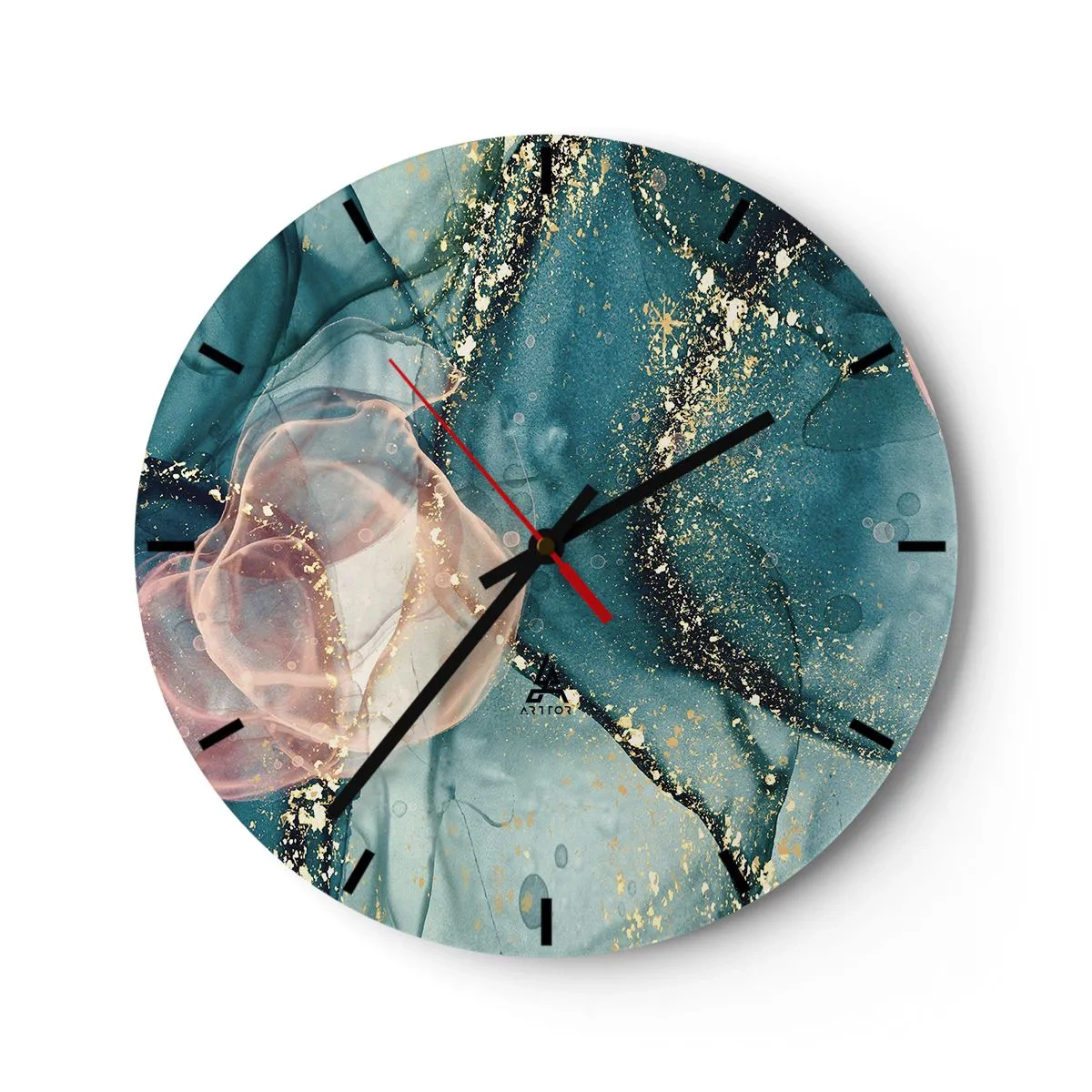 Väggklocka - Klocka på glas - Konstnärliga färgstänk i nyanser av turkos och rosa med gulddetaljer - 30x30cm - Sidenblå, tyllrosa - Modern väggdekoration för vardagsrum, kök och sovrum ARTTOR
